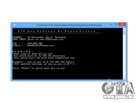 No Begin Screen Patch pour GTA San Andreas